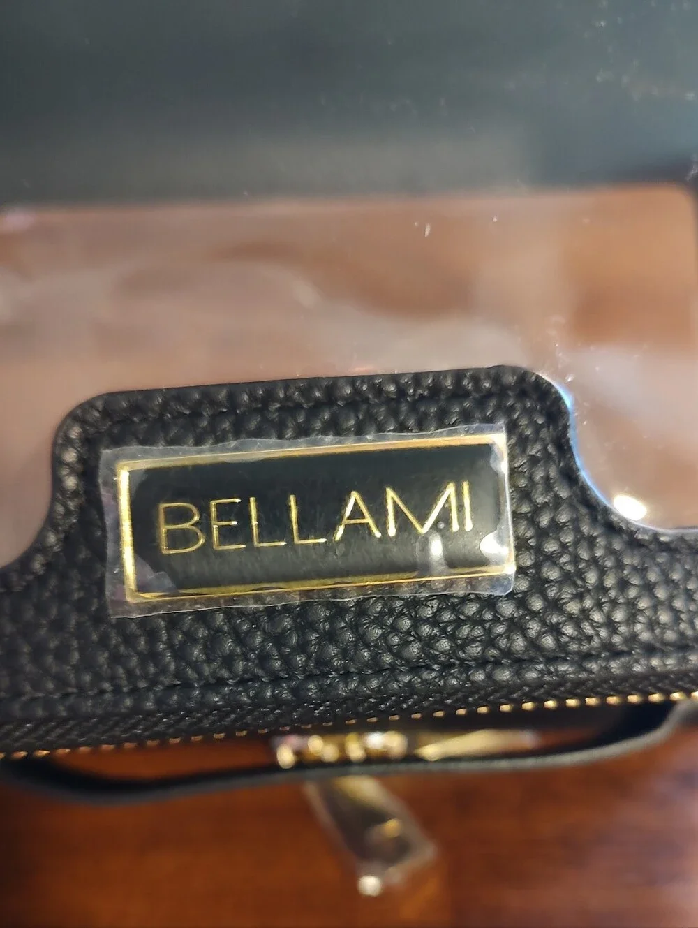 BELLAMI Black Toiletry Case with Clear Top and Gold Accents